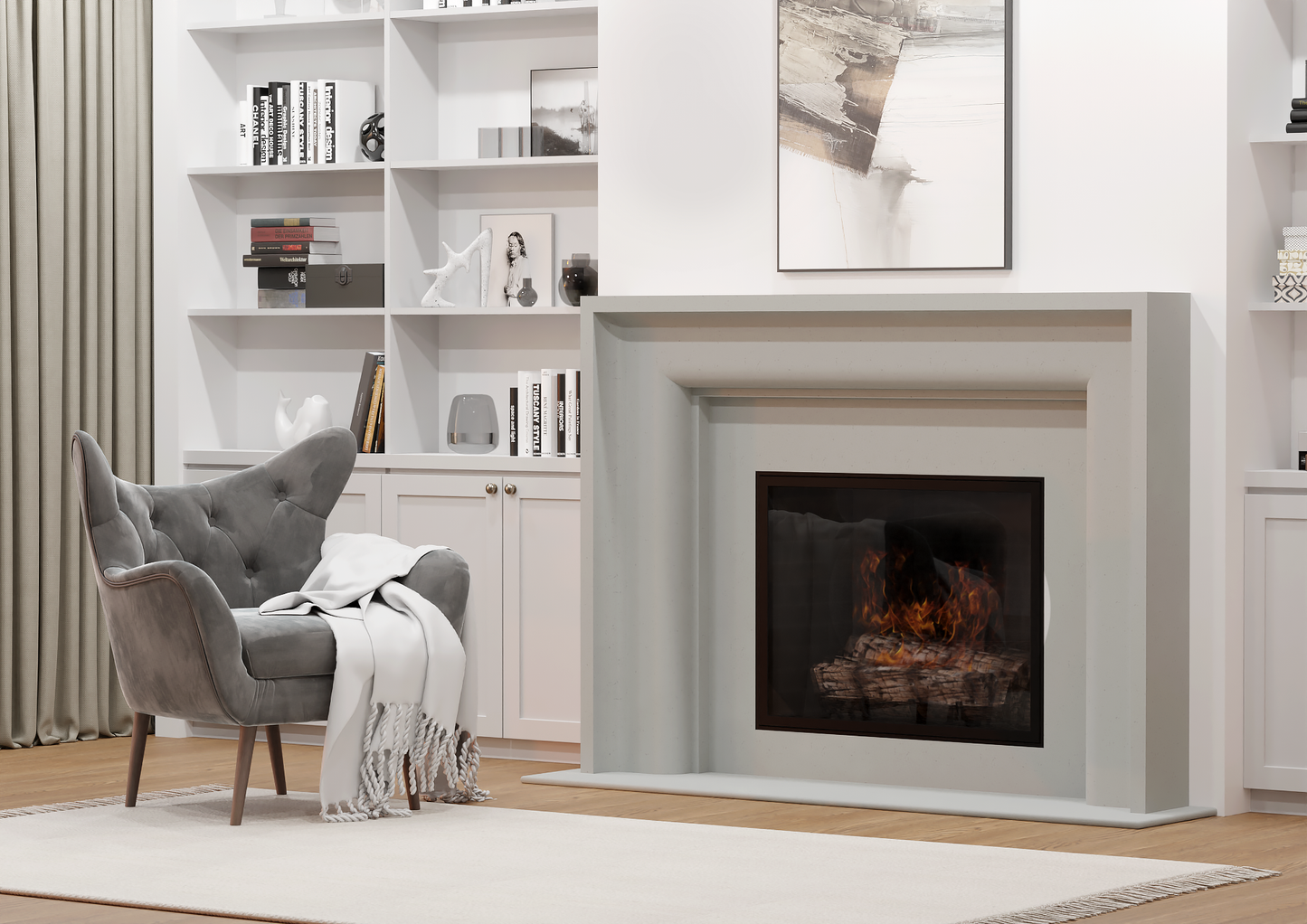 monolyth craft and design cast stone fireplace mantel geosimplicity style and alabaster mist soft pale white with slight grayish tone color standard size interior side