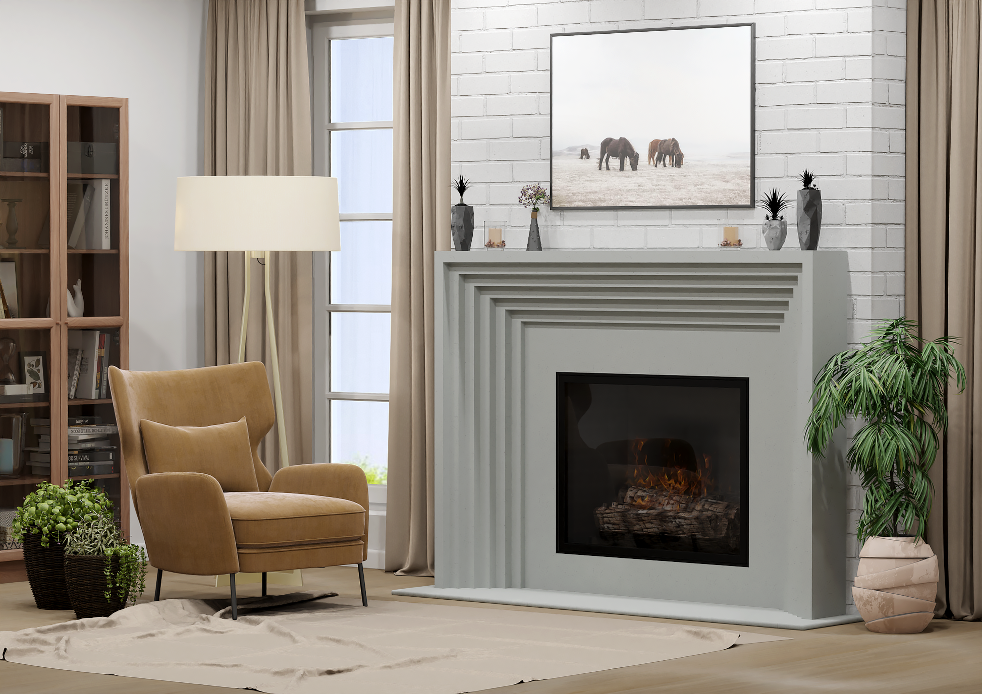 monolyth craft and design cast stone fireplace mantel linear echo style and alabaster mist soft pale white with slight grayish tone color standard size interior side