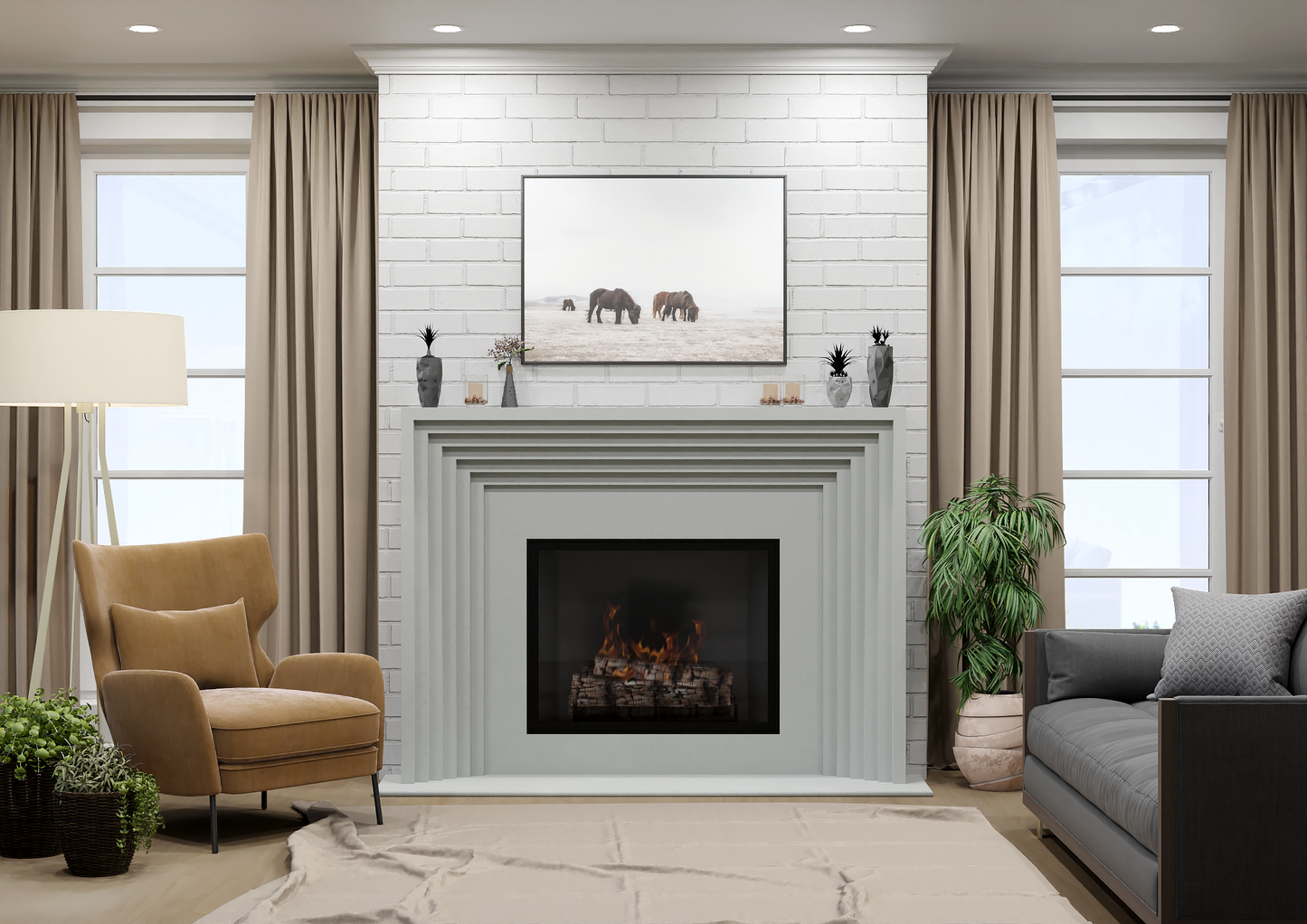 monolyth craft and design cast stone fireplace mantel linear echo style and alabaster mist soft pale white with slight grayish tone color standard size interior straight