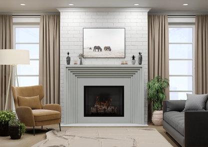 monolyth craft and design cast stone fireplace mantel linear echo style and alabaster mist soft pale white with slight grayish tone color standard size interior straight