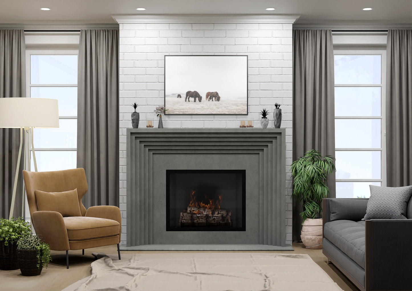 monolyth craft and design cast stone fireplace mantel linear echo style and charcoal haze mid tone gray color standard size interior straight