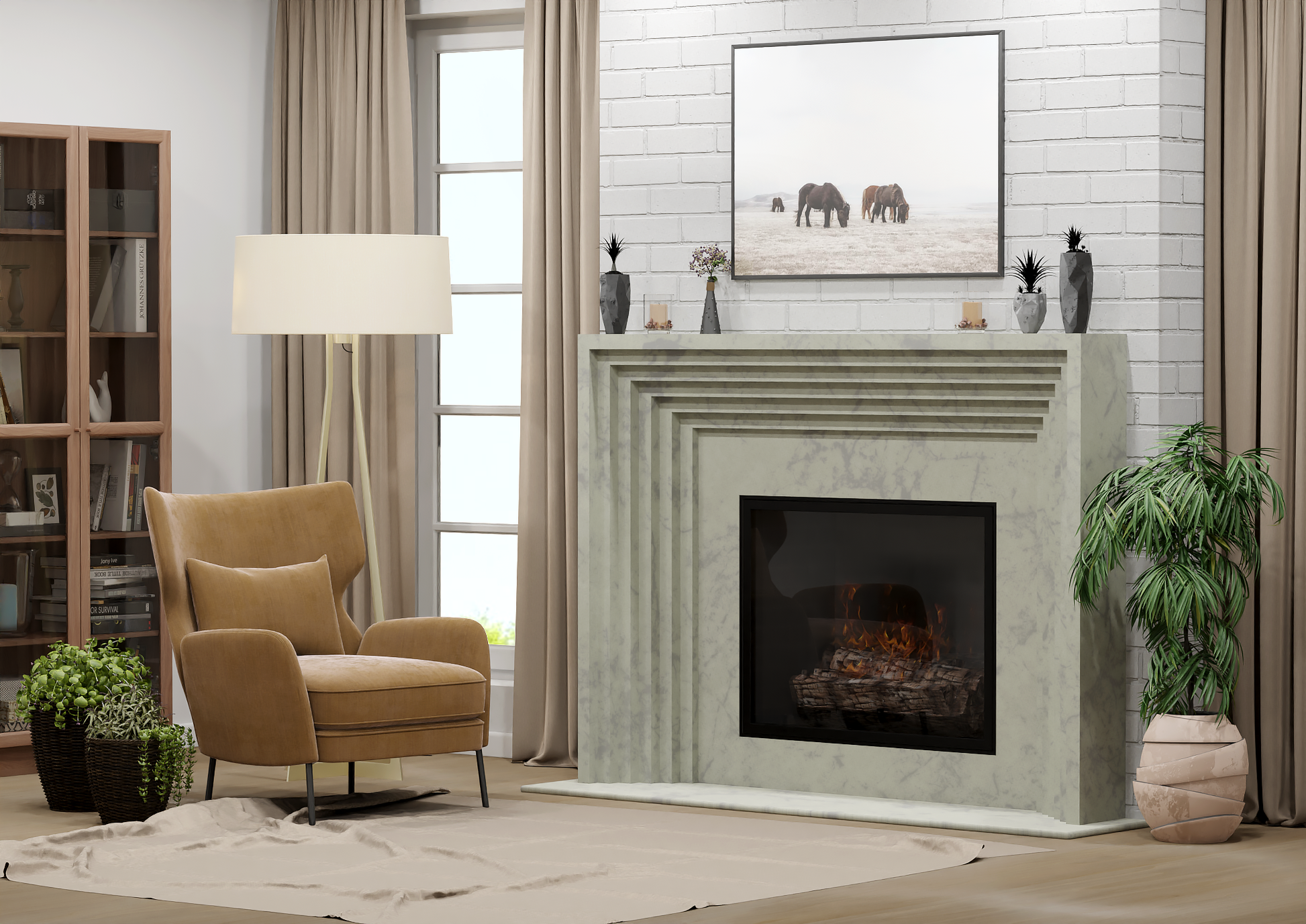 monolyth craft and design cast stone fireplace mantel linear echo style and marbled mist white with grayish marbling effects color standard size interior side