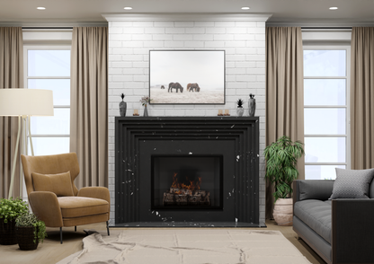 monolyth craft and design cast stone fireplace mantel linear echo style and nero black stark marbled black color standard size interior straight