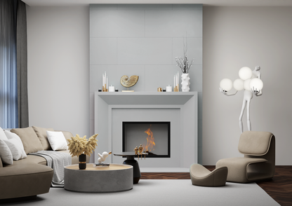 monolyth craft and design cast stone fireplace mantel sleek horizon style and alabaster mist soft pale white with slight grayish tone color standard size interior straight