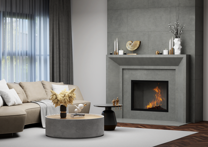 monolyth craft and design cast stone fireplace mantel sleek horizon style and charcoal haze mid tone gray color standard size interior side