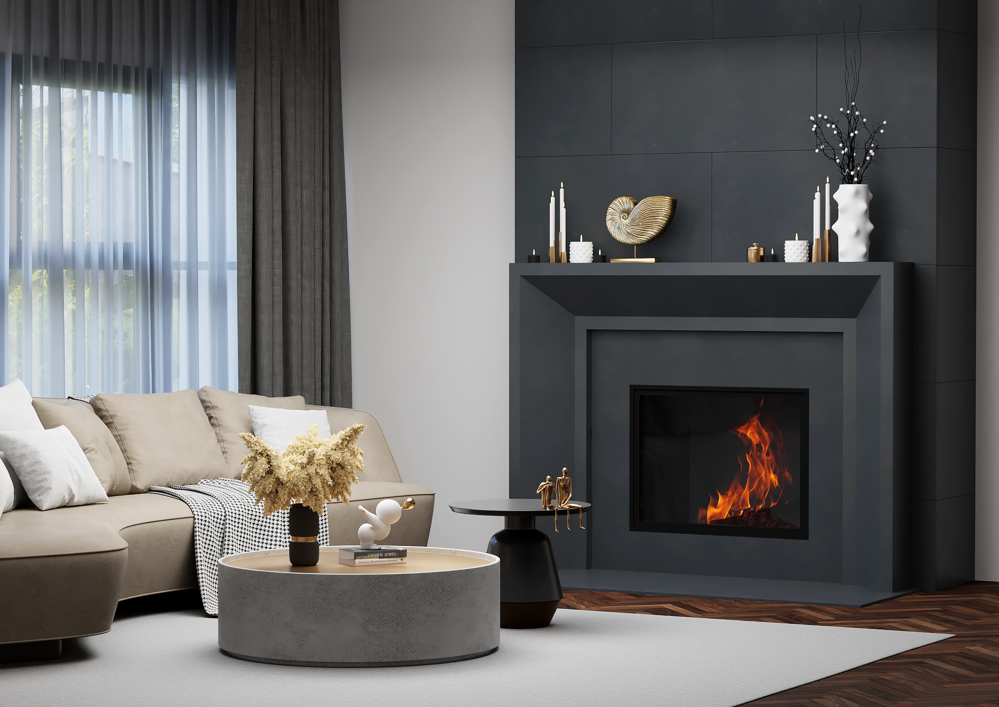 monolyth craft and design cast stone fireplace mantel sleek horizon style and galactic void deep dark black color standard size interior side