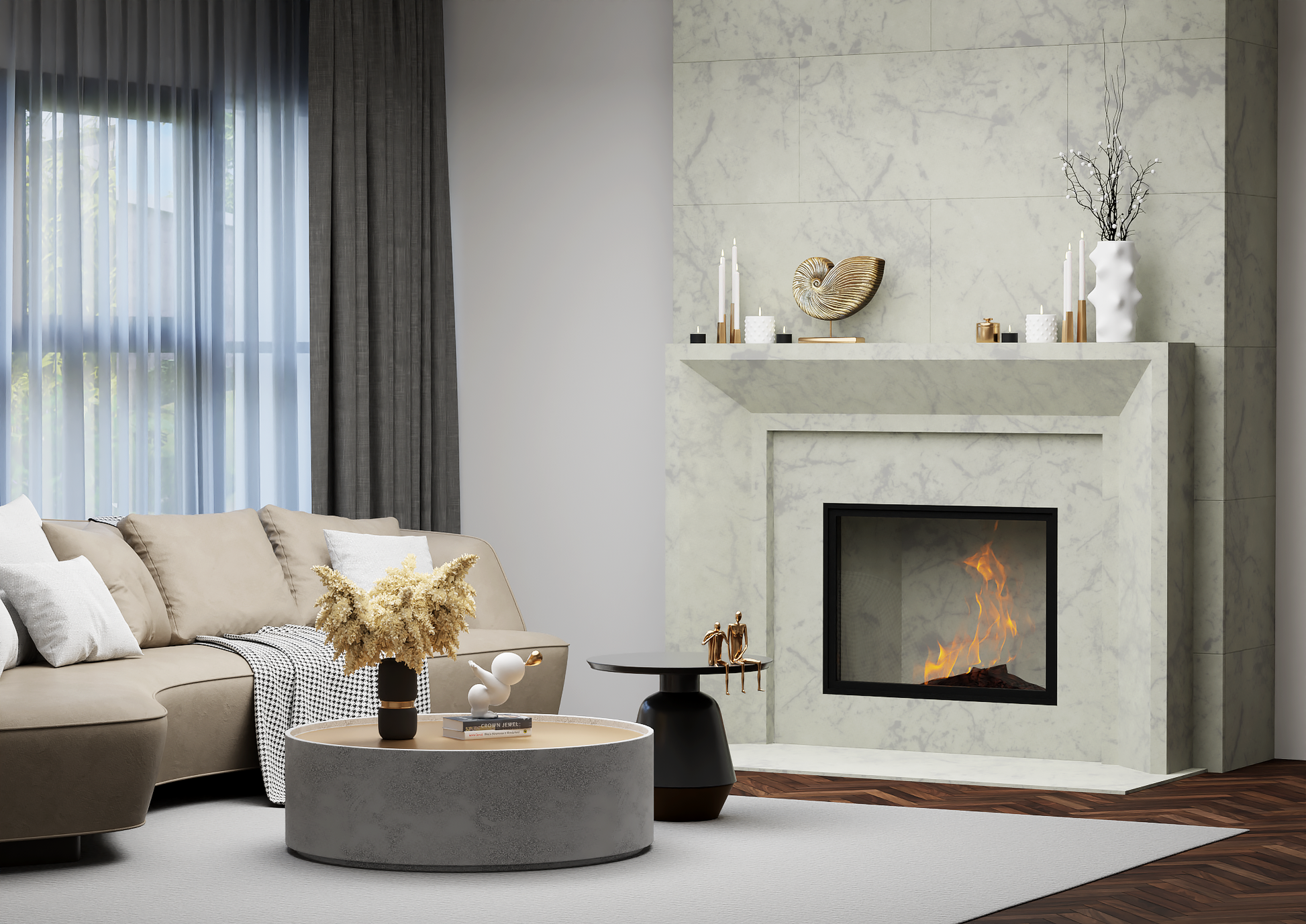 monolyth craft and design cast stone fireplace mantel sleek horizon style and marbled mist white with grayish marbling effects color standard size interior side