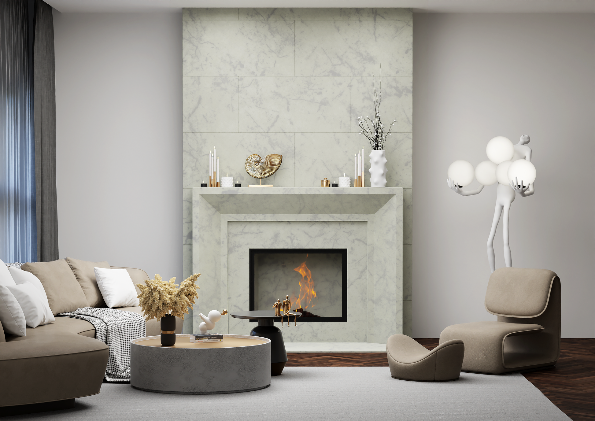 monolyth craft and design cast stone fireplace mantel sleek horizon style and marbled mist white with grayish marbling effects color standard size interior straight