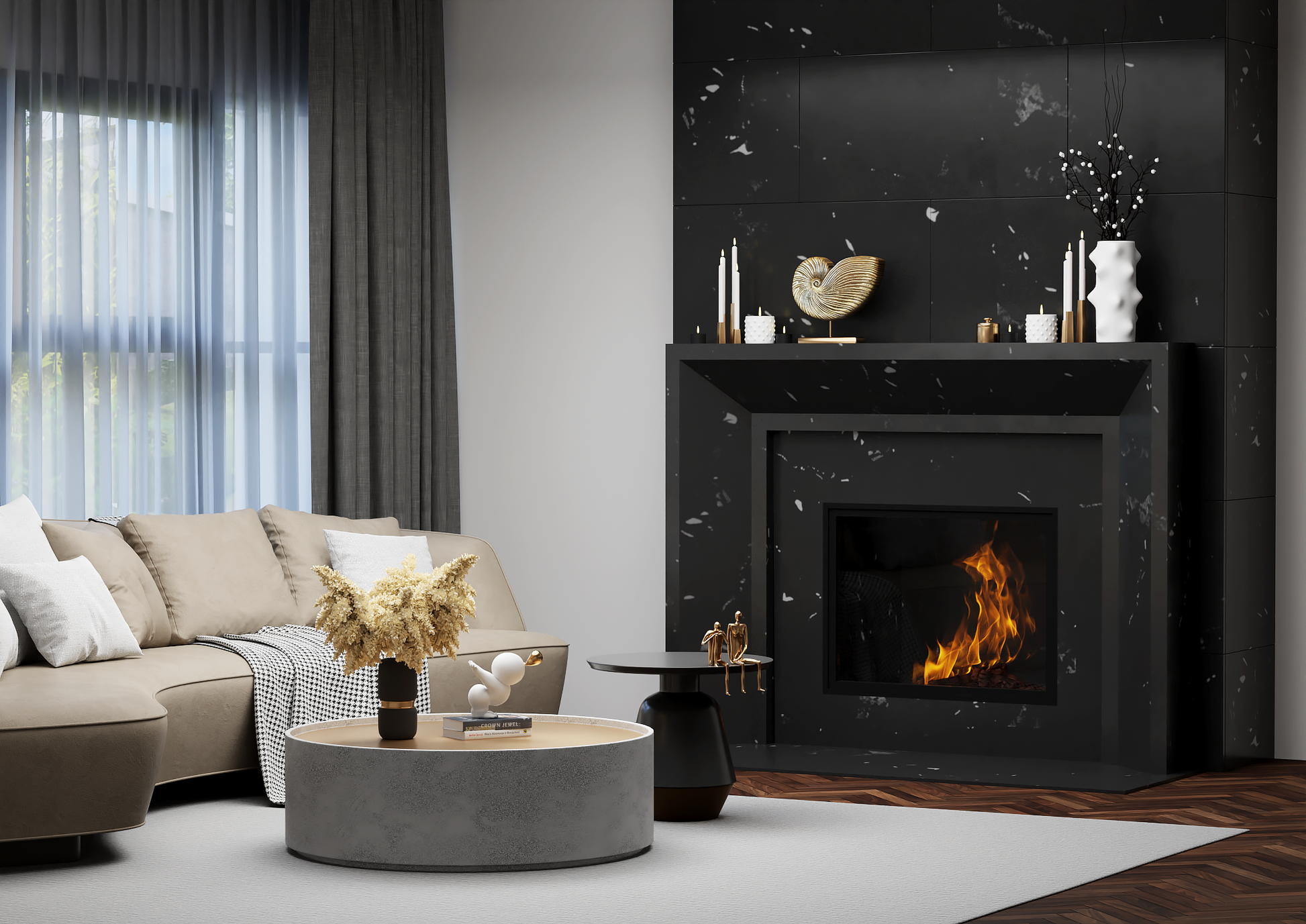 monolyth craft and design cast stone fireplace mantel sleek horizon style and nero black stark marbled black color standard size interior side